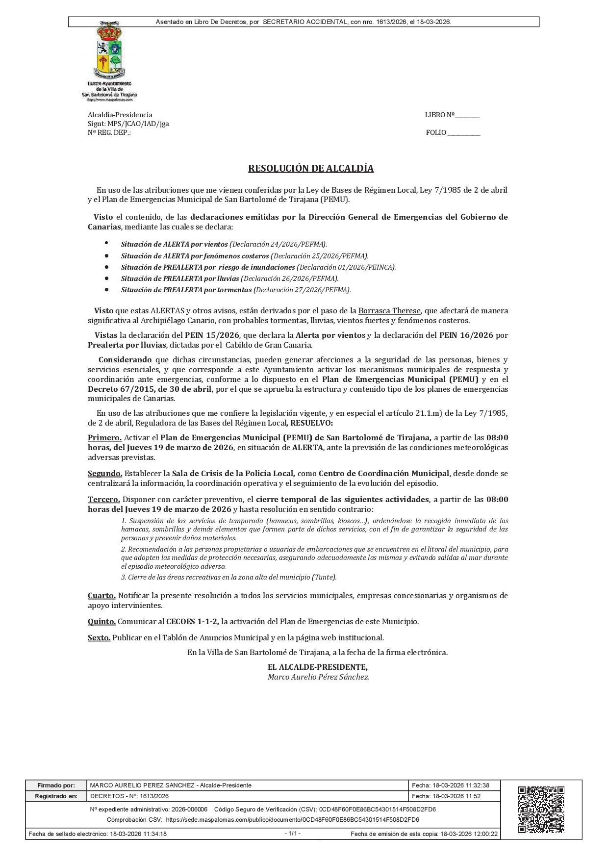 20251212 Anuncio DECRETO ACTIVACIÓN PEMU ALERTA BORRASCA THERESE 18MAR2026