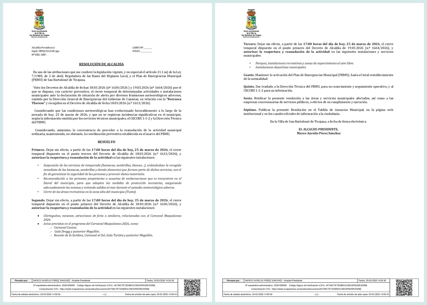 AVISO - Reapertura y reanudación de actividades - Borrasca Therese