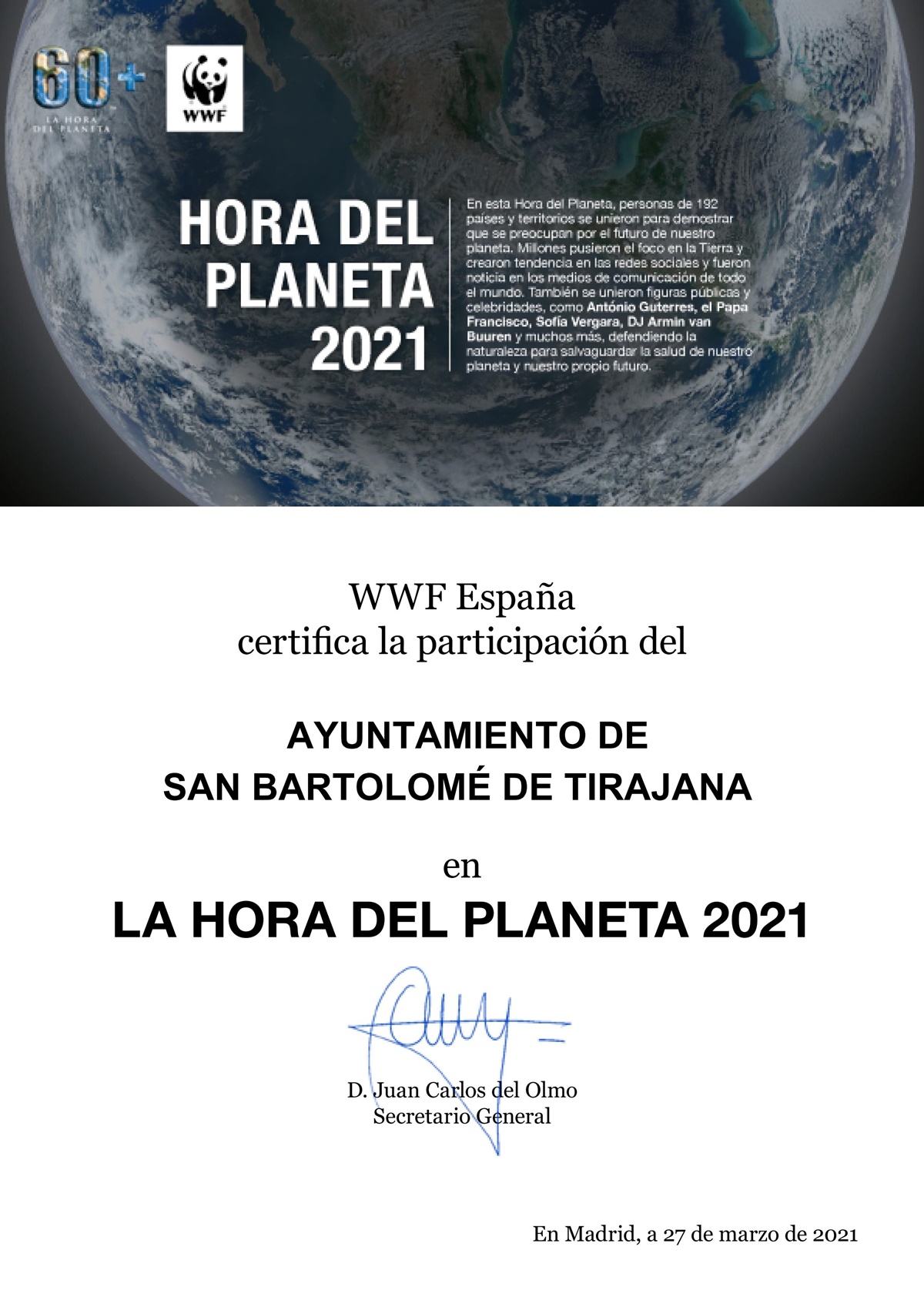 Certificado Participación Hora del Planeta